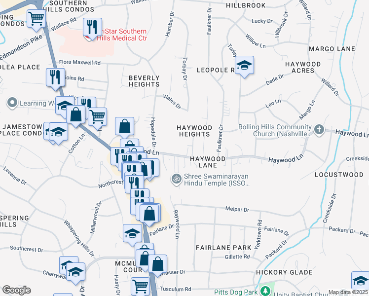 map of restaurants, bars, coffee shops, grocery stores, and more near 360 Haywood Lane in Nashville