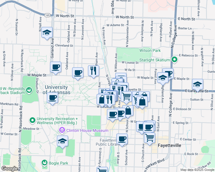 map of restaurants, bars, coffee shops, grocery stores, and more near 439 North Gregg Avenue in Fayetteville