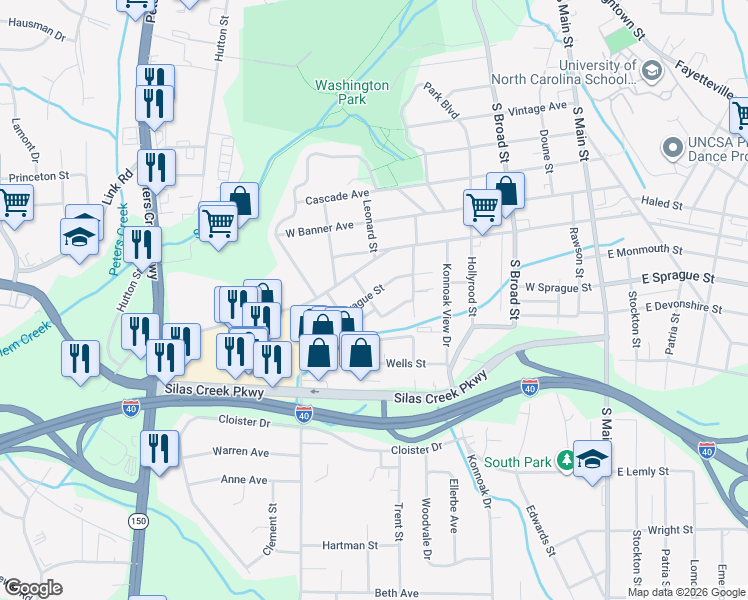 map of restaurants, bars, coffee shops, grocery stores, and more near 540 West Sprague Street in Winston-Salem