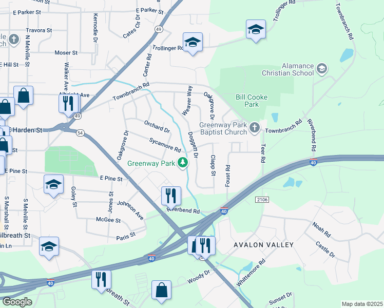map of restaurants, bars, coffee shops, grocery stores, and more near 332 Doggett Dr in Graham
