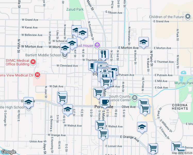 map of restaurants, bars, coffee shops, grocery stores, and more near 197 North Hockett Street in Porterville