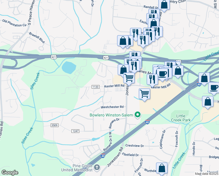 map of restaurants, bars, coffee shops, grocery stores, and more near 4702 Brighton Park Drive in Winston-Salem
