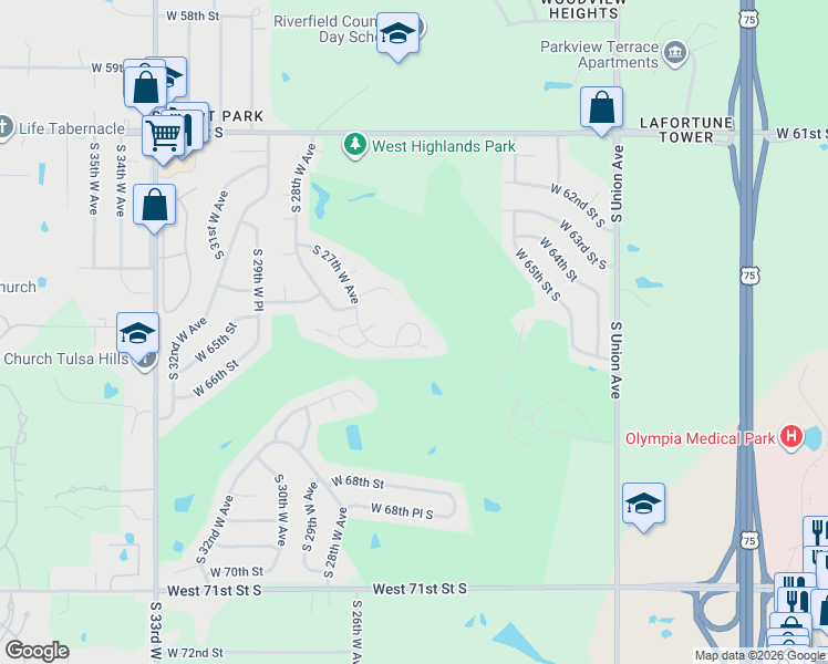 map of restaurants, bars, coffee shops, grocery stores, and more near 2516 West 66th Circle in Tulsa