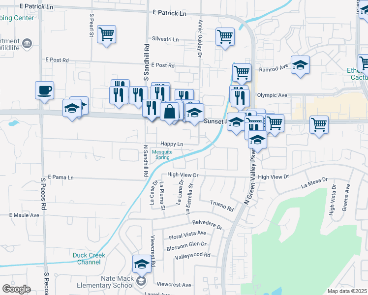 map of restaurants, bars, coffee shops, grocery stores, and more near 611 Bass Drive in Henderson