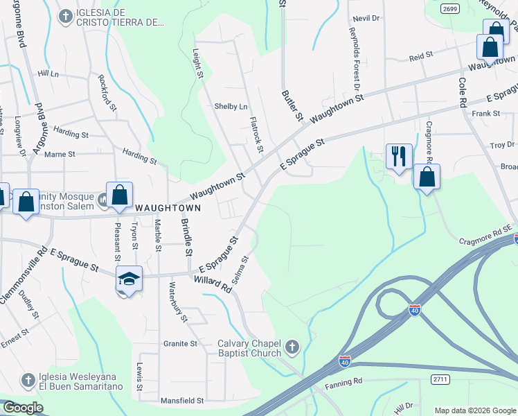 map of restaurants, bars, coffee shops, grocery stores, and more near 1832 East Sprague Street in Winston-Salem