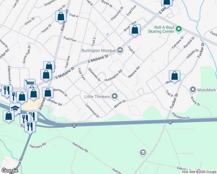 map of restaurants, bars, coffee shops, grocery stores, and more near 34 Sherry Drive in Burlington