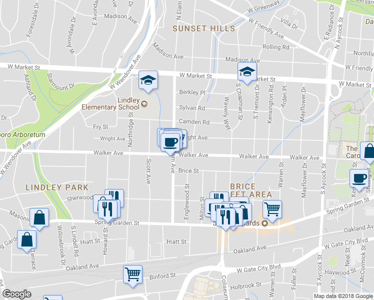 map of restaurants, bars, coffee shops, grocery stores, and more near 2104 Walker Avenue in Greensboro