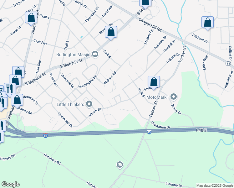 map of restaurants, bars, coffee shops, grocery stores, and more near 2417 Moran Street in Burlington