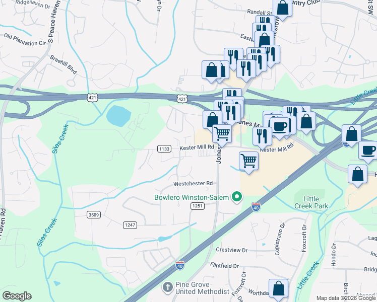 map of restaurants, bars, coffee shops, grocery stores, and more near 4702 Brighton Park Drive in Winston-Salem