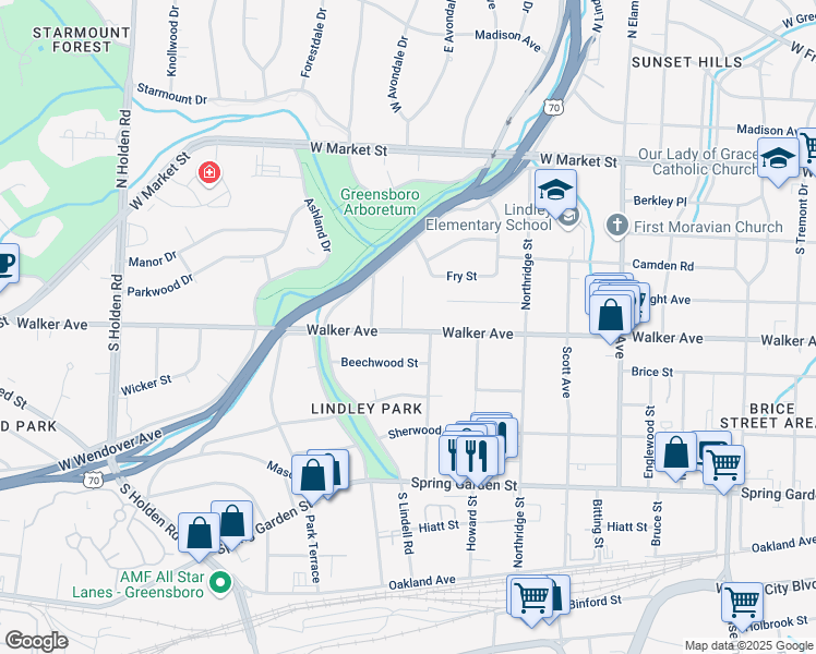 map of restaurants, bars, coffee shops, grocery stores, and more near 2602 Walker Avenue in Greensboro