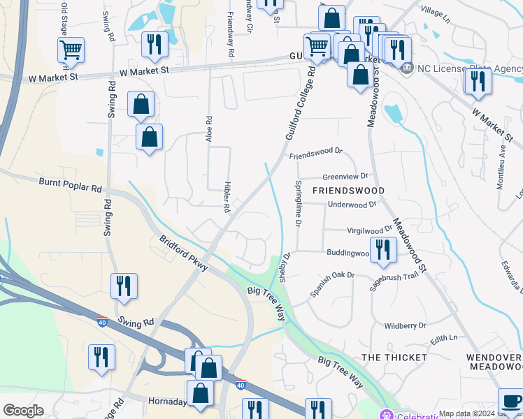 map of restaurants, bars, coffee shops, grocery stores, and more near 331 Guilford College Road in Greensboro
