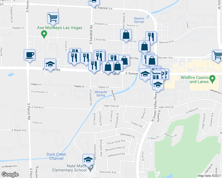 map of restaurants, bars, coffee shops, grocery stores, and more near 811 Bass Drive in Henderson