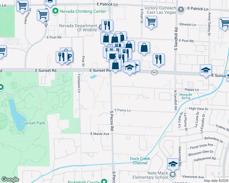 map of restaurants, bars, coffee shops, grocery stores, and more near 6650 South Pecos Road in Las Vegas