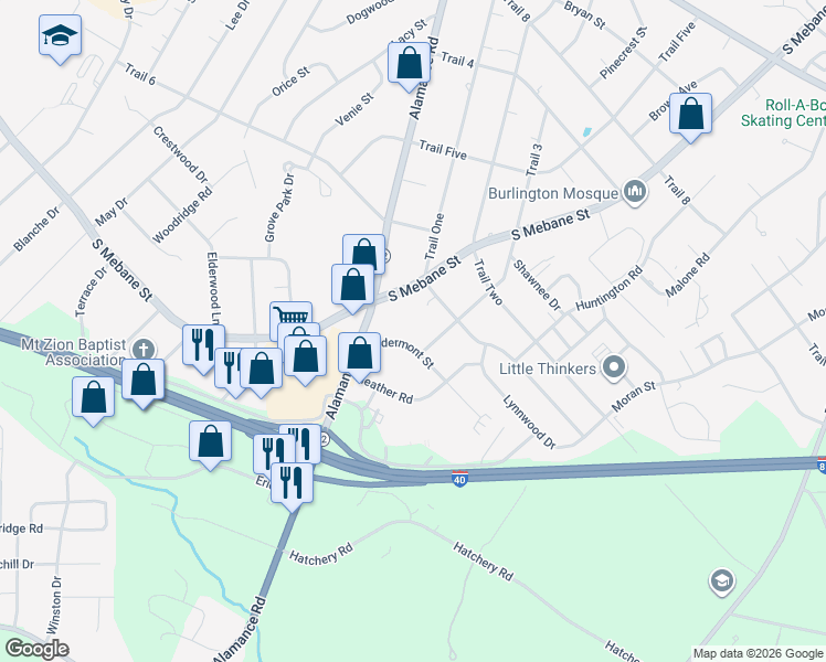 map of restaurants, bars, coffee shops, grocery stores, and more near 2575 Eldermont Street in Burlington