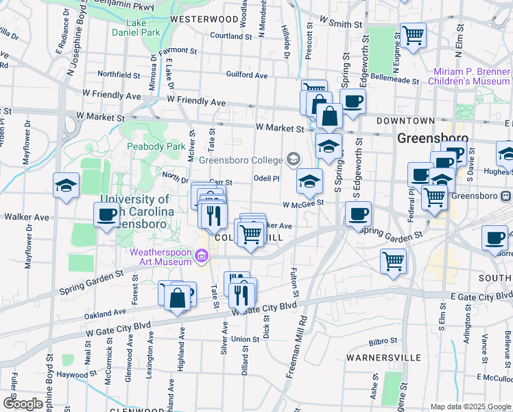 map of restaurants, bars, coffee shops, grocery stores, and more near 404 South Mendenhall Street in Greensboro