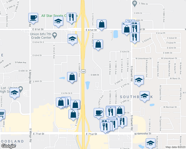 map of restaurants, bars, coffee shops, grocery stores, and more near 6508 South 106th East Place in Tulsa