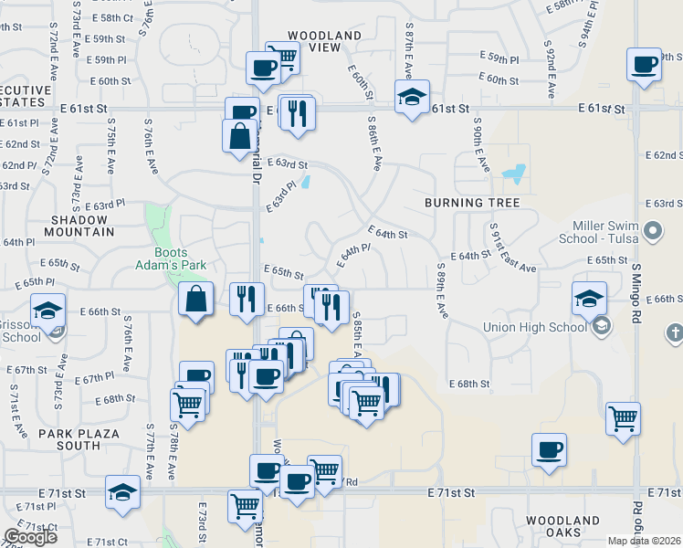 map of restaurants, bars, coffee shops, grocery stores, and more near 8410 East 65th Street in Tulsa