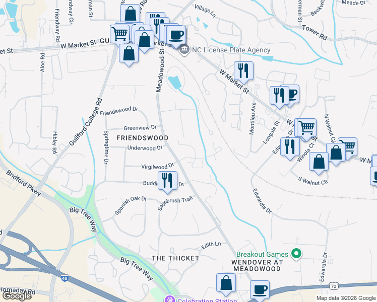 map of restaurants, bars, coffee shops, grocery stores, and more near 21 Brandy Court in Greensboro