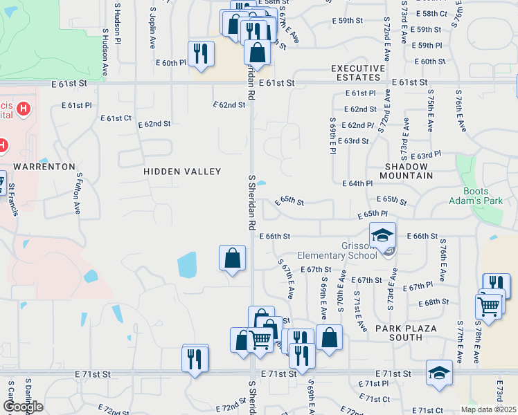 map of restaurants, bars, coffee shops, grocery stores, and more near 6512 South 66th East Avenue in Tulsa