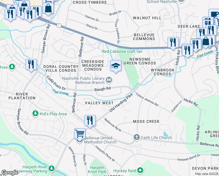 map of restaurants, bars, coffee shops, grocery stores, and more near 720 Baugh Road in Nashville