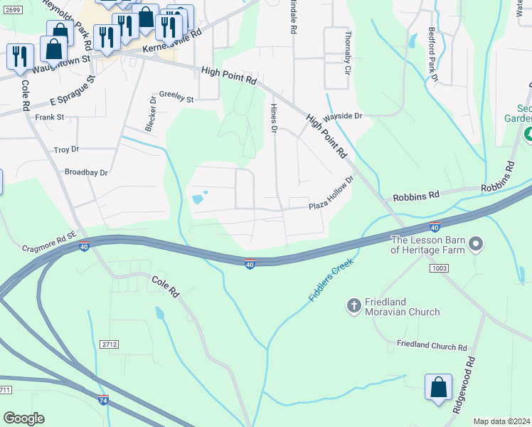 map of restaurants, bars, coffee shops, grocery stores, and more near 3316 Ridgewood Place Drive in Winston-Salem