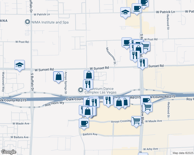 map of restaurants, bars, coffee shops, grocery stores, and more near 7255 West Sunset Road in Las Vegas