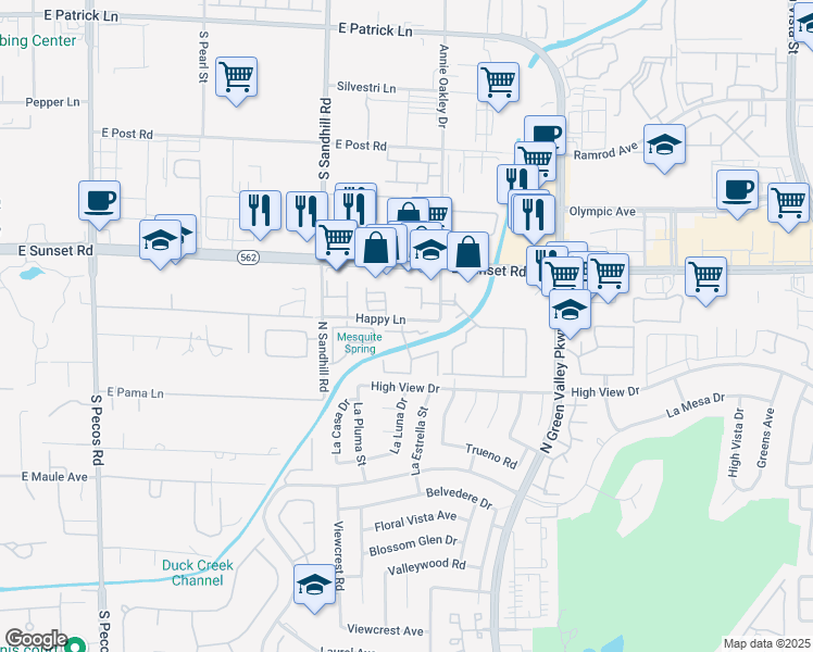 map of restaurants, bars, coffee shops, grocery stores, and more near 611 Bass Drive in Henderson