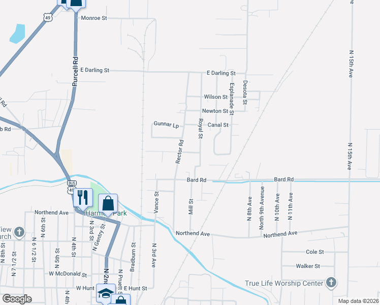 map of restaurants, bars, coffee shops, grocery stores, and more near 1018 Royal Street in Paragould