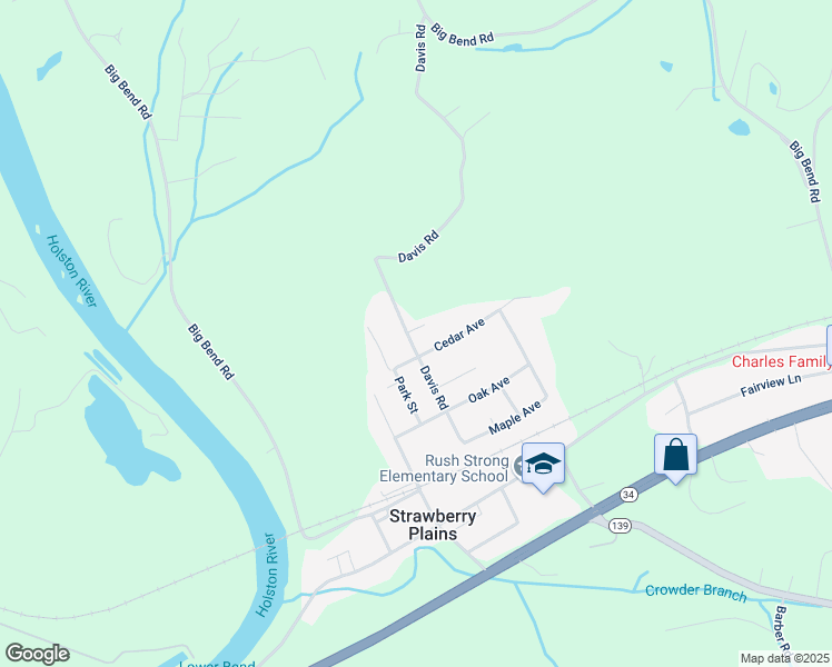 map of restaurants, bars, coffee shops, grocery stores, and more near 262 Davis Road in Strawberry Plains