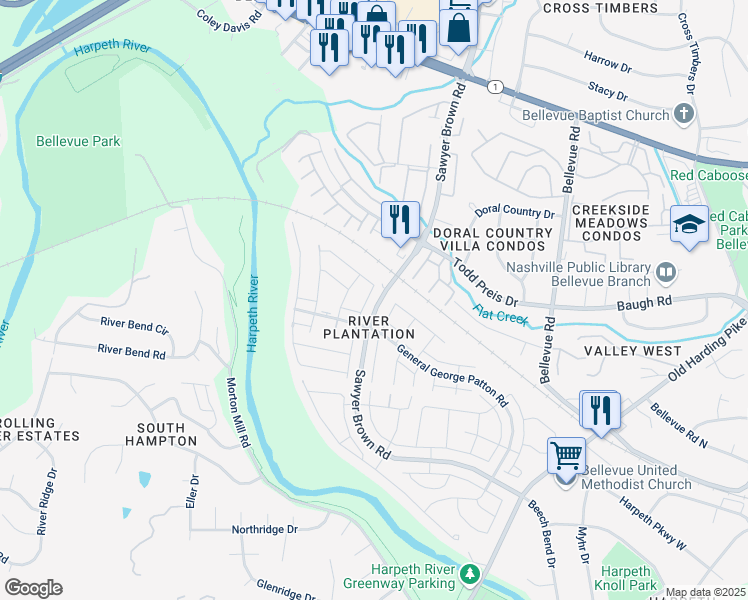 map of restaurants, bars, coffee shops, grocery stores, and more near 1209 Sawyer Brown Road in Nashville