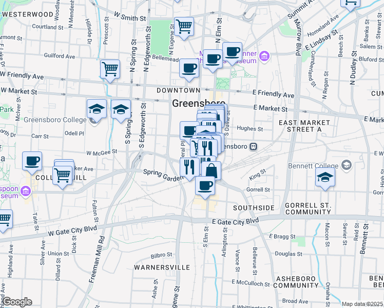 map of restaurants, bars, coffee shops, grocery stores, and more near in Greensboro