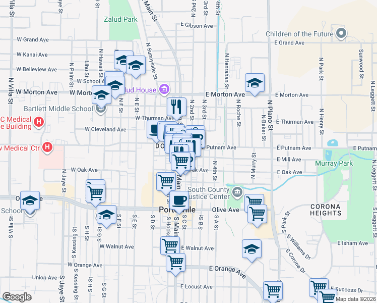 map of restaurants, bars, coffee shops, grocery stores, and more near 36 East Mill Avenue in Porterville