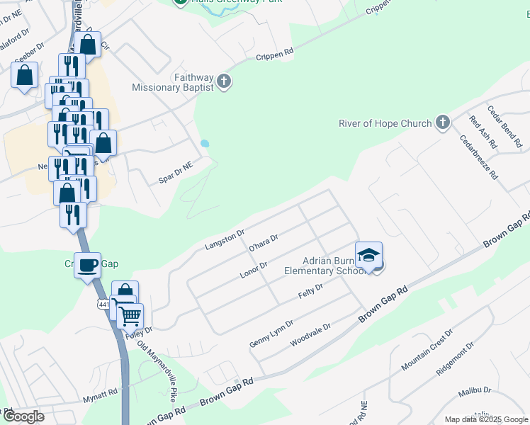 map of restaurants, bars, coffee shops, grocery stores, and more near 6821 Langston Drive in Knoxville