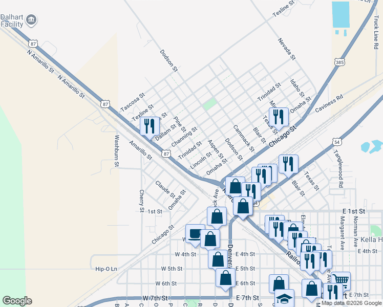 map of restaurants, bars, coffee shops, grocery stores, and more near 712 Trinidad Street in Dalhart