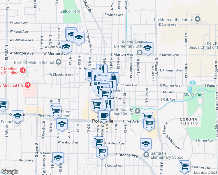 map of restaurants, bars, coffee shops, grocery stores, and more near 36 East Mill Avenue in Porterville