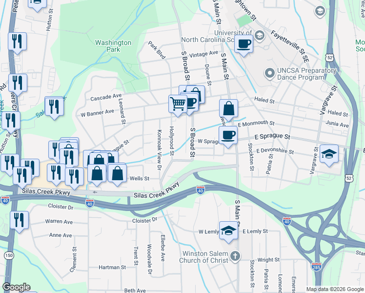 map of restaurants, bars, coffee shops, grocery stores, and more near 2310 Violet Street in Winston-Salem