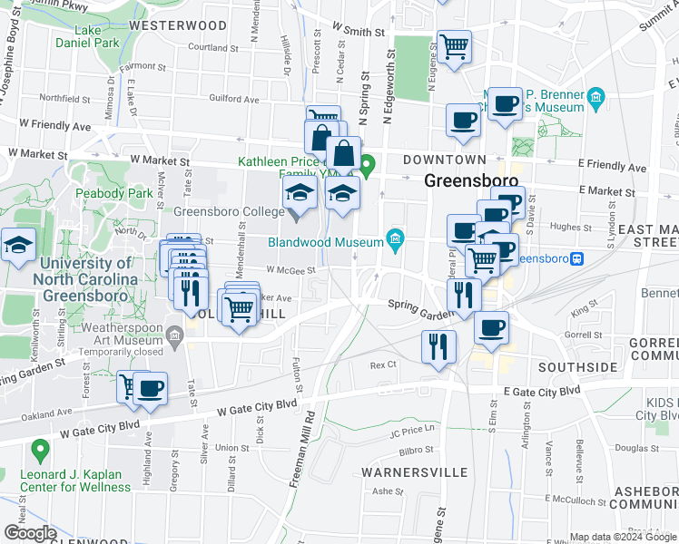 map of restaurants, bars, coffee shops, grocery stores, and more near 705 West McGee Street in Greensboro