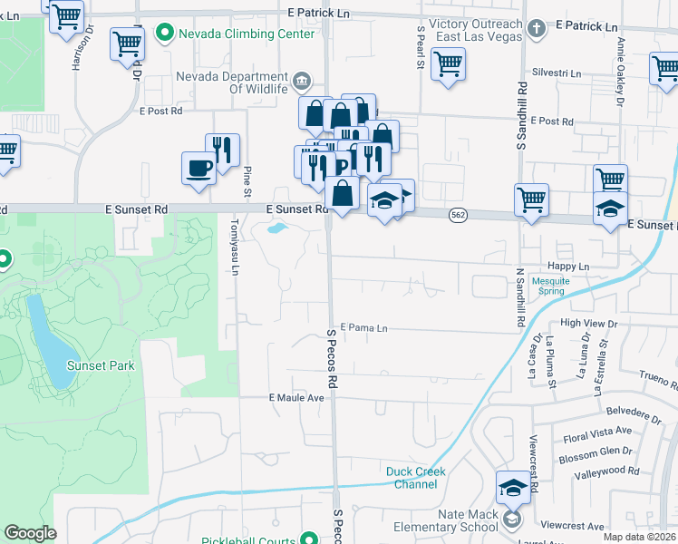 map of restaurants, bars, coffee shops, grocery stores, and more near 6650 South Pecos Road in Las Vegas