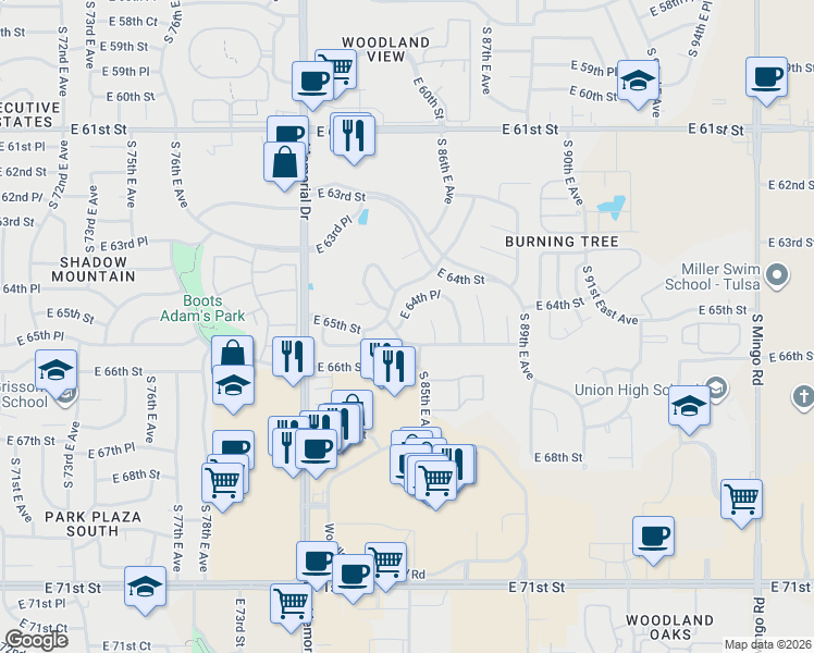 map of restaurants, bars, coffee shops, grocery stores, and more near 8410 East 65th Street in Tulsa