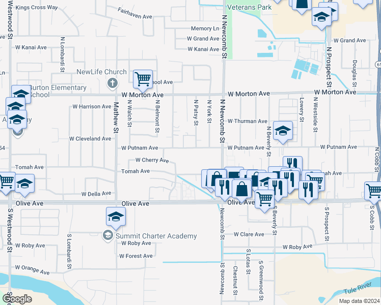 map of restaurants, bars, coffee shops, grocery stores, and more near 1709 West Putnam Avenue in Porterville