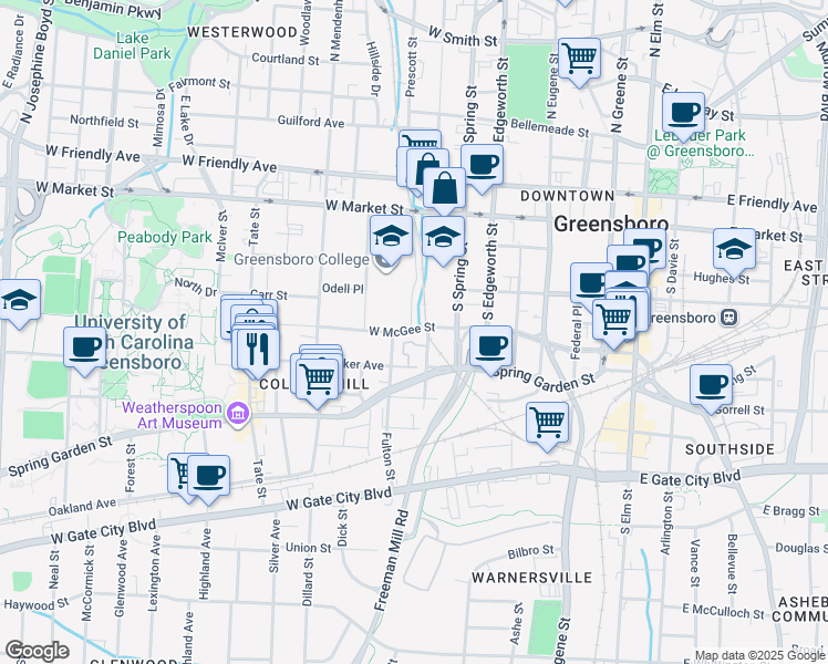 map of restaurants, bars, coffee shops, grocery stores, and more near 815 West Market Street in Greensboro