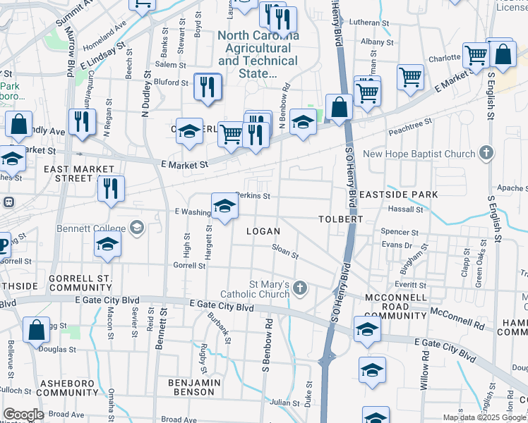 map of restaurants, bars, coffee shops, grocery stores, and more near 1305 East Washington Street in Greensboro