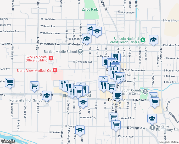 map of restaurants, bars, coffee shops, grocery stores, and more near 201 North F Street in Porterville