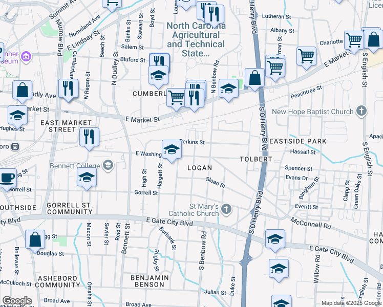 map of restaurants, bars, coffee shops, grocery stores, and more near 1219 East Washington Street in Greensboro