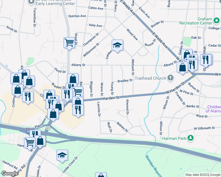 map of restaurants, bars, coffee shops, grocery stores, and more near 2213 Young Street in Burlington