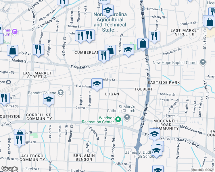 map of restaurants, bars, coffee shops, grocery stores, and more near 1219 East Washington Street in Greensboro