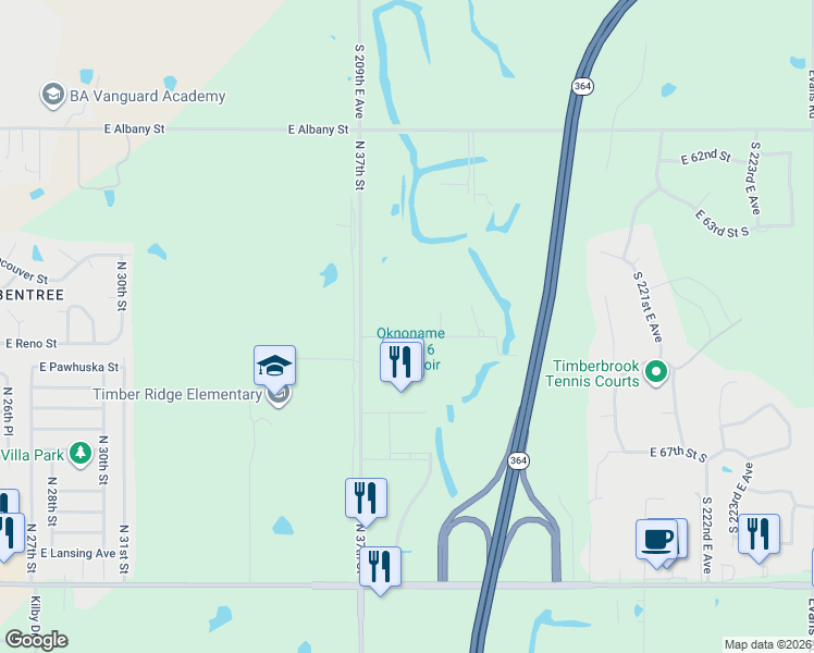 map of restaurants, bars, coffee shops, grocery stores, and more near 21075 East 65th Street South in Broken Arrow