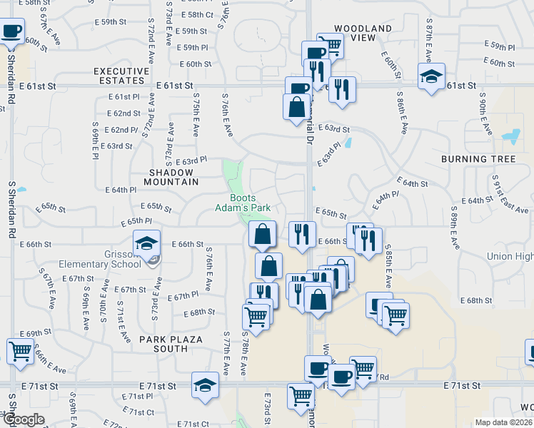 map of restaurants, bars, coffee shops, grocery stores, and more near 6370 South 80th East Avenue in Tulsa