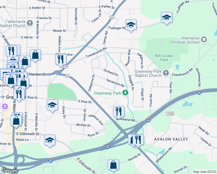map of restaurants, bars, coffee shops, grocery stores, and more near 718 Brookgreen Terrace in Graham