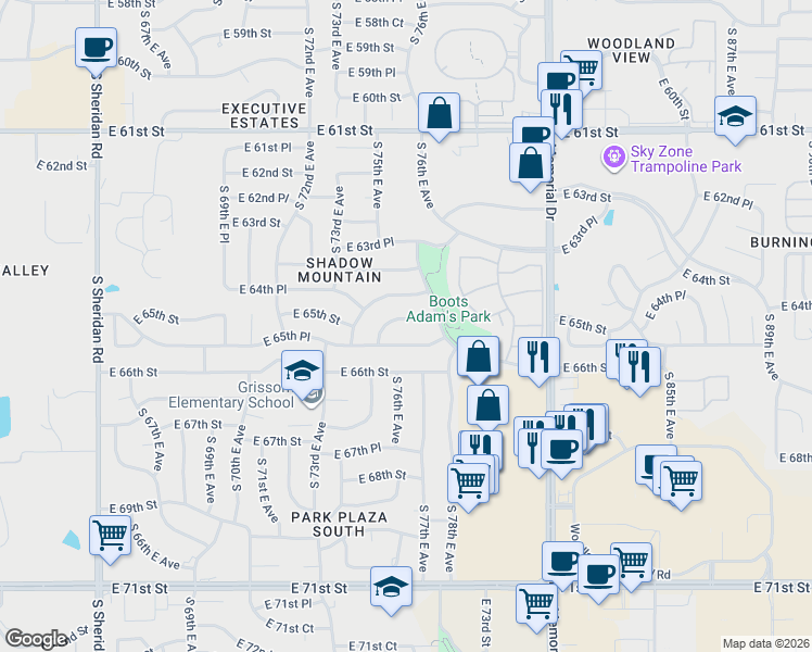 map of restaurants, bars, coffee shops, grocery stores, and more near 7516 East 65th Street in Tulsa